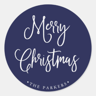 Merry Christmas Handwritten Script on Navy Blue Classic Round Sticker