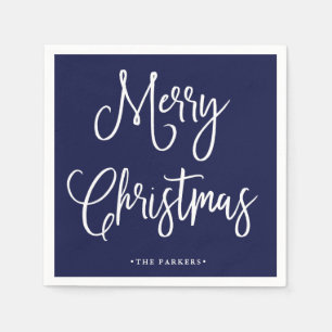 Merry Christmas   Handwritten Script on Navy Blue Napkin