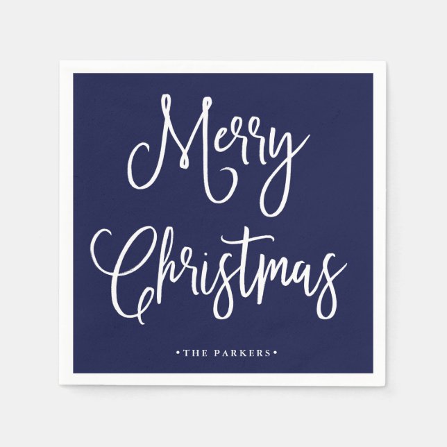 Merry Christmas | Handwritten Script on Navy Blue Napkin (Front)