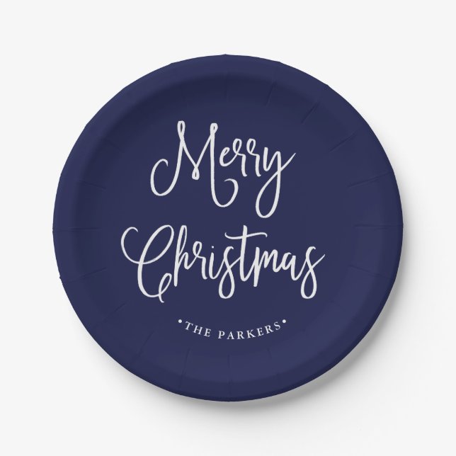 Merry Christmas | Handwritten Script on Navy Blue Paper Plate (Front)