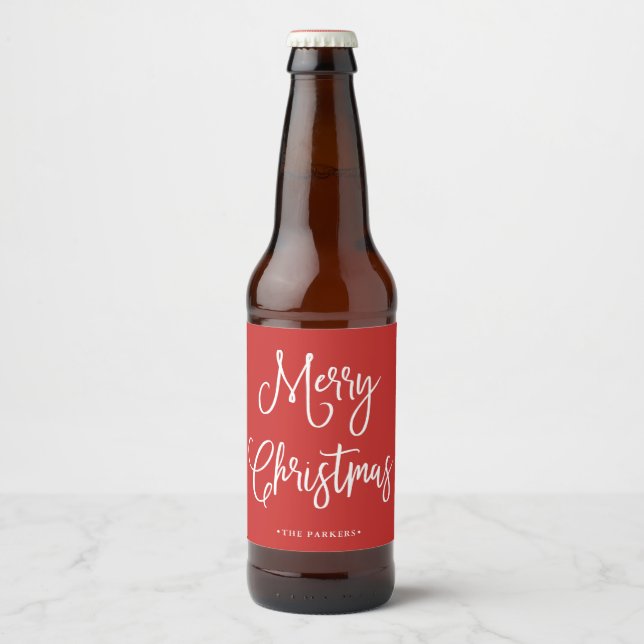 Merry Christmas | Handwritten Script on Red Beer Bottle Label (Front)