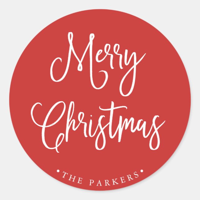 Merry Christmas | Handwritten Script on Red Classic Round Sticker (Front)