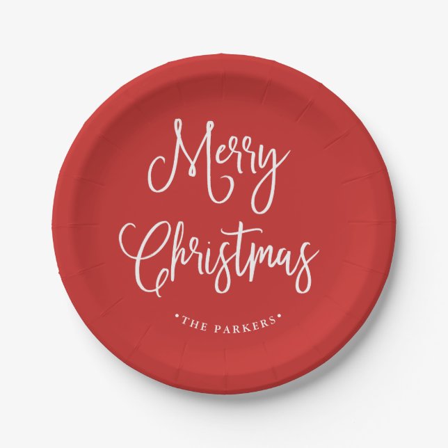 Merry Christmas | Handwritten Script on Red Paper Plate (Front)