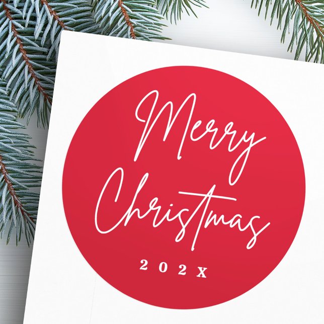 Merry Christmas handwritten script red Classic Round Sticker (Merry Christmas handwritten script red Classic Round Sticker)
