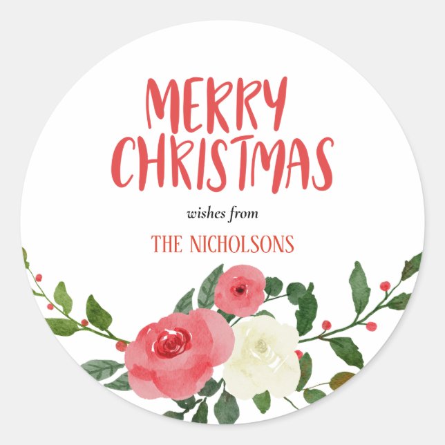 Merry Christmas Handwritten Script Red Roses Classic Round Sticker (Front)