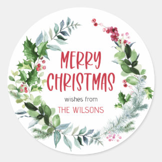 Merry Christmas Handwritten Script Wreath Foliage Classic Round Sticker