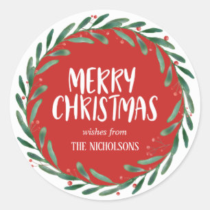 Merry Christmas Handwritten Script Wreath Red Classic Round Sticker