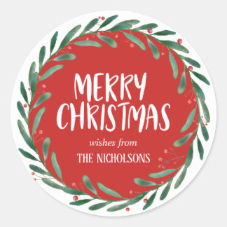Merry Christmas Handwritten Script | Wreath | Red Classic Round Sticker