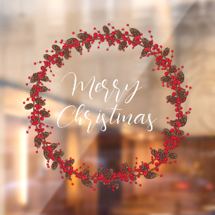 Merry Christmas handwritten text wreath Window Cling