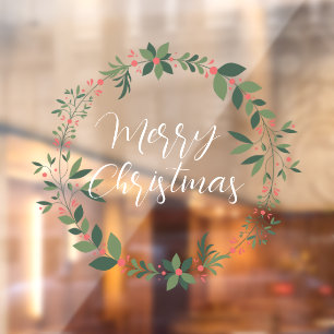 Merry Christmas handwritten text wreath Window Cling
