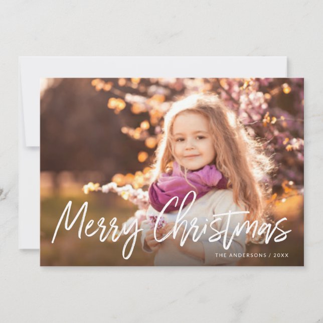 Merry Christmas Handwritten White Script Photo Holiday Card (Front)