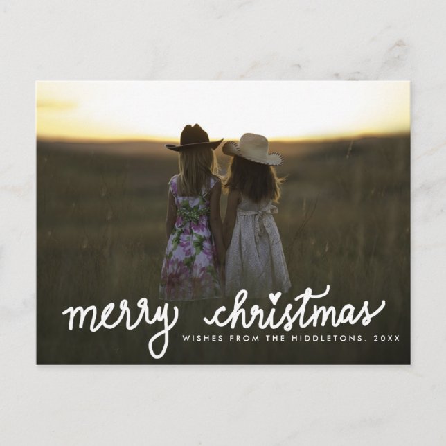 Merry Christmas Handwritten White Script Photo Holiday Postcard (Front)