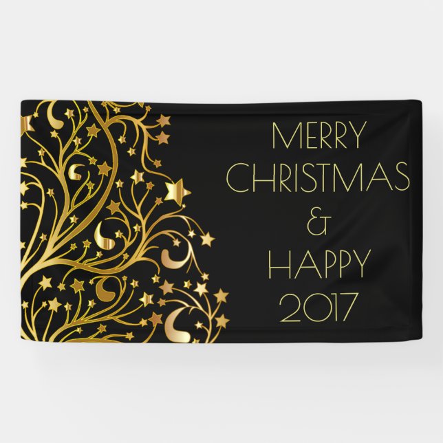 Merry Christmas Happy 2017 Tree Stars Black Gold Banner (Horizontal)