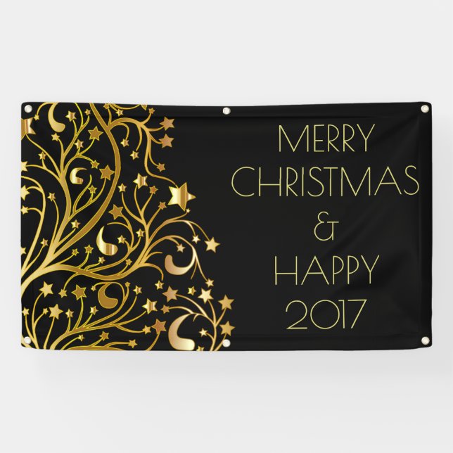 Merry Christmas Happy 2017 Tree Stars Black Gold Banner (Horizontal)