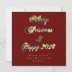Merry Christmas Happy 2024 Red and Gold Script Holiday Card