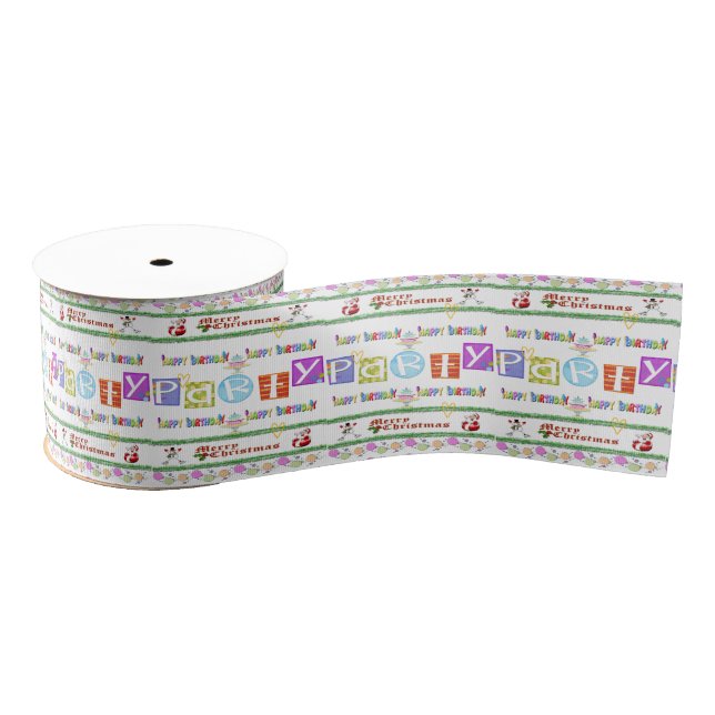 Merry Christmas Happy Birthday Ribbon Grosgrain Ribbon (Spool)