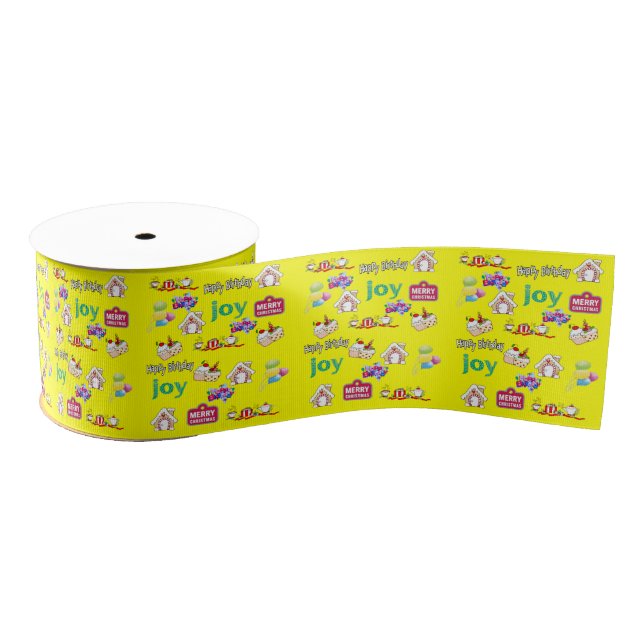 Merry Christmas Happy Birthday Yellow Ribbon Grosgrain Ribbon (Spool)