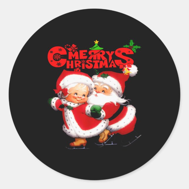 Merry Christmas - Happy Cute Mrs Claus And Mr Clau Classic Round Sticker (Front)