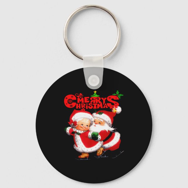 Merry Christmas - Happy Cute Mrs Claus And Mr Clau Key Ring (Front)