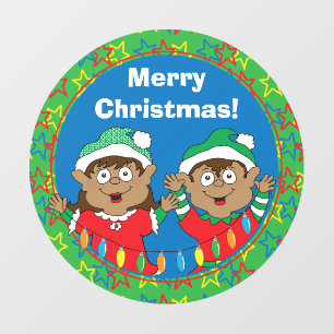 Merry Christmas Happy Elves Round Window Cling