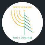 Merry Christmas, Happy Hanukkah Classic Round Sticker<br><div class="desc">Merry Christmas,  Happy Hanukkah,  inter religious holiday card with Christmas tree and Menorah,  interfaith peace,  seasonal sticker</div>