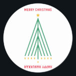 Merry Christmas, Happy Hanukkah Classic Round Sticker<br><div class="desc">Merry Christmas,  Happy Hanukkah,  inter religious holiday card with Christmas tree and Menorah,  menora,  interfaith peace,  seasonal sticker</div>