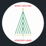 Merry Christmas, Happy Hanukkah Classic Round Sticker<br><div class="desc">Merry Christmas,  Happy Hanukkah,  inter religious holiday card with Christmas tree and Menorah,  menora,  interfaith peace,  seasonal sticker</div>