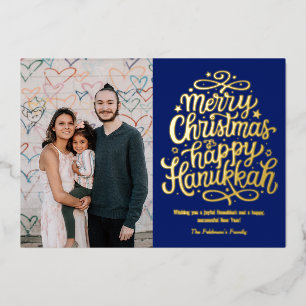 Merry Christmas Happy Hanukkah Family Photo Foil Holiday Card