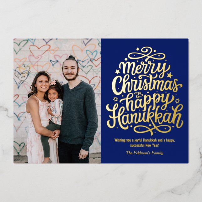 Merry Christmas Happy Hanukkah Family Photo  Foil Holiday Card (Front)