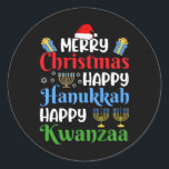 Merry Christmas Happy Hanukkah Happy Kwanzaa 18  Classic Round Sticker<br><div class="desc">Merry Christmas Happy Hanukkah Happy Kwanzaa 18</div>
