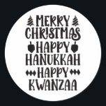 Merry Christmas Happy Hanukkah Happy Kwanzaa Premi Classic Round Sticker<br><div class="desc">Merry Christmas Happy Hanukkah Happy Kwanzaa Premium 2</div>