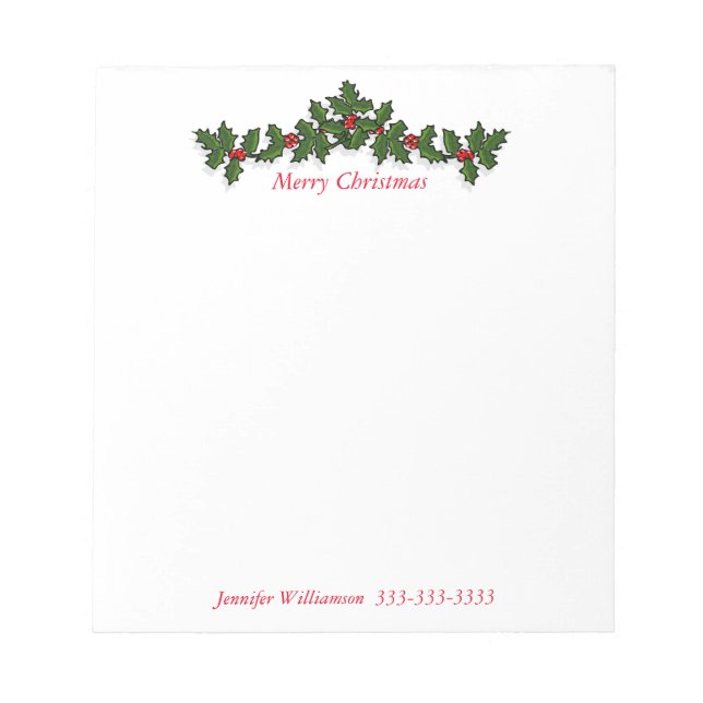 Merry Christmas Happy Holiday Holly Personalised Notepad (Front)