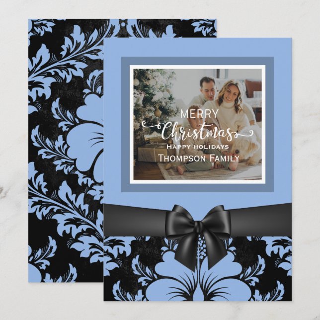 Merry Christmas happy holidays, black bow, blue Invitation (Front/Back)