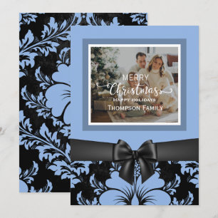 Merry Christmas happy holidays, black bow, blue Invitation