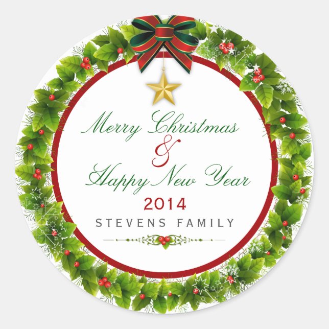 Merry Christmas & Happy Holidays Christmas Wreath Classic Round Sticker (Front)