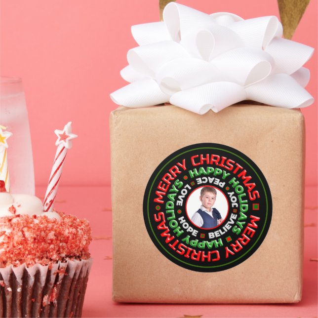 Merry Christmas Happy Holidays Photo Personalise  Classic Round Sticker (Party)