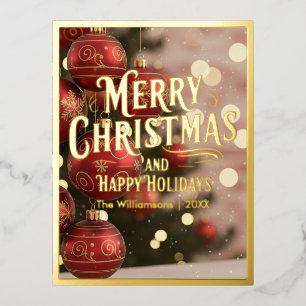 Merry Christmas, Happy Holidays, Red Ornaments  Foil Holiday Postcard