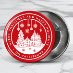 Merry Christmas Happy Holidays Winter Personalised 3 Cm Round Badge<br><div class="desc">Merry Christmas Happy Holidays Winter Personalised Name Buttons features the text "Merry Christmas and Happy Holidays" in modern white script on a red background and personalised with your name surrounding a home with Christmas trees and snowflakes. Perfect for Christmas party favours and Holiday gifts. Designed by ©Evco Studio www.zazzle.com/store/evcostudio</div>