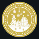 Merry Christmas Happy Holidays Winter Personalised Classic Round Sticker<br><div class="desc">Merry Christmas Happy Holidays Winter Personalised Name Stickers Labels features the text "Merry Christmas and Happy Holidays" in modern white script on a gold background and personalised with your name surrounding a home with Christmas trees and snowflakes. Perfect for Christmas party favours and Holiday gifts or in the office for...</div>