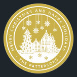 Merry Christmas Happy Holidays Winter Personalised Classic Round Sticker<br><div class="desc">Merry Christmas Happy Holidays Winter Personalised Name Stickers Labels features the text "Merry Christmas and Happy Holidays" in modern white script on a gold background and personalised with your name surrounding a home with Christmas trees and snowflakes. Perfect for Christmas party favours and Holiday gifts or in the office for...</div>