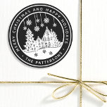 Merry Christmas Happy Holidays Winter Personalised Classic Round Sticker<br><div class="desc">Merry Christmas Happy Holidays Winter Personalised Name Stickers Labels features the text "Merry Christmas and Happy Holidays" in modern white script on a black background and personalised with your name surrounding a home with Christmas trees and snowflakes. Perfect for Christmas party favours and Holiday gifts or in the office for...</div>