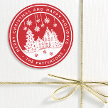 Merry Christmas Happy Holidays Winter Personalised Classic Round Sticker<br><div class="desc">Merry Christmas Happy Holidays Winter Personalised Name Stickers Labels features the text "Merry Christmas and Happy Holidays" in modern white script on a red background and personalised with your name surrounding a home with Christmas trees and snowflakes. Perfect for Christmas party favours and Holiday gifts or in the office for...</div>