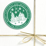 Merry Christmas Happy Holidays Winter Personalised Classic Round Sticker<br><div class="desc">Merry Christmas Happy Holidays Winter Personalised Name Stickers Labels features the text "Merry Christmas and Happy Holidays" in modern white script on a green background and personalised with your name surrounding a home with Christmas trees and snowflakes. Perfect for Christmas party favours and Holiday gifts or in the office for...</div>