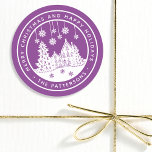 Merry Christmas Happy Holidays Winter Personalised Classic Round Sticker<br><div class="desc">Merry Christmas Happy Holidays Winter Personalised Name Stickers Labels features the text "Merry Christmas and Happy Holidays" in modern white script on a purple background and personalised with your name surrounding a home with Christmas trees and snowflakes. Perfect for Christmas party favours and Holiday gifts or in the office for...</div>