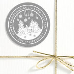 Merry Christmas Happy Holidays Winter Personalised Classic Round Sticker<br><div class="desc">Merry Christmas Happy Holidays Winter Personalised Name Stickers Labels features the text "Merry Christmas and Happy Holidays" in modern white script on a silver background and personalised with your name surrounding a home with Christmas trees and snowflakes. Perfect for Christmas party favours and Holiday gifts or in the office for...</div>