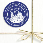 Merry Christmas Happy Holidays Winter Personalised Classic Round Sticker<br><div class="desc">Merry Christmas Happy Holidays Winter Personalised Name Stickers Labels features the text "Merry Christmas and Happy Holidays" in modern white script on a blue background and personalised with your name surrounding a home with Christmas trees and snowflakes. Perfect for Christmas party favours and Holiday gifts or in the office for...</div>