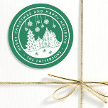 Merry Christmas Happy Holidays Winter Personalised Classic Round Sticker<br><div class="desc">Merry Christmas Happy Holidays Winter Personalised Name Stickers Labels features the text "Merry Christmas and Happy Holidays" in modern white script on a green background and personalised with your name surrounding a home with Christmas trees and snowflakes. Perfect for Christmas party favours and Holiday gifts or in the office for...</div>