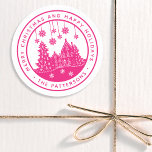 Merry Christmas Happy Holidays Winter Personalised Classic Round Sticker<br><div class="desc">Merry Christmas Happy Holidays Winter Personalised Name Stickers Labels features the text "Merry Christmas and Happy Holidays" in modern pink script and personalised with your name surrounding a home with Christmas trees and snowflakes. Perfect for Christmas party favours and Holiday gifts or in the office for products or mail. Designed...</div>