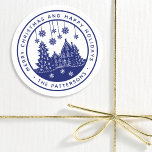 Merry Christmas Happy Holidays Winter Personalised Classic Round Sticker<br><div class="desc">Merry Christmas Happy Holidays Winter Personalised Name Stickers Labels features the text "Merry Christmas and Happy Holidays" in modern blue script and personalised with your name surrounding a home with Christmas trees and snowflakes. Perfect for Christmas party favours and Holiday gifts or in the office for products or mail. Designed...</div>