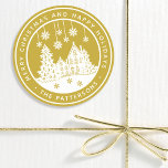 Merry Christmas Happy Holidays Winter Personalised Classic Round Sticker<br><div class="desc">Merry Christmas Happy Holidays Winter Personalised Name Stickers Labels features the text "Merry Christmas and Happy Holidays" in modern white script on a gold background and personalised with your name surrounding a home with Christmas trees and snowflakes. Perfect for Christmas party favours and Holiday gifts or in the office for...</div>